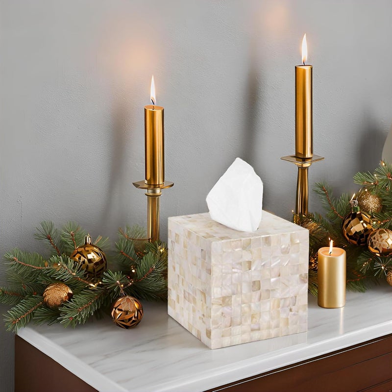 PEMAR Handcrafted Wooden Tissue Box Cover for Small Cube Tissue Boxes Only (Max Inner Size 4.7”) – Mother of Pearl Inlay Decorative Tissue Holder for Bathroom, Living Room & Office (White Sand) - Image 5